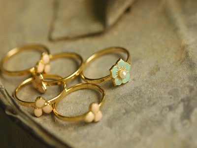 Eric et Lydie / Fleur 5 rings (turquoise & rose claire / perle)